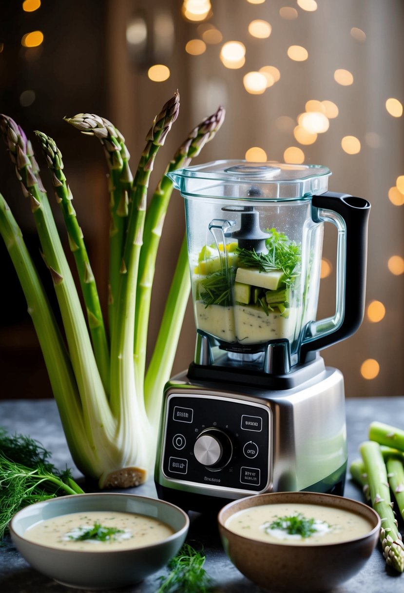 A blender surrounded by fresh fennel and asparagus, with a bowl of creamy soup beside it