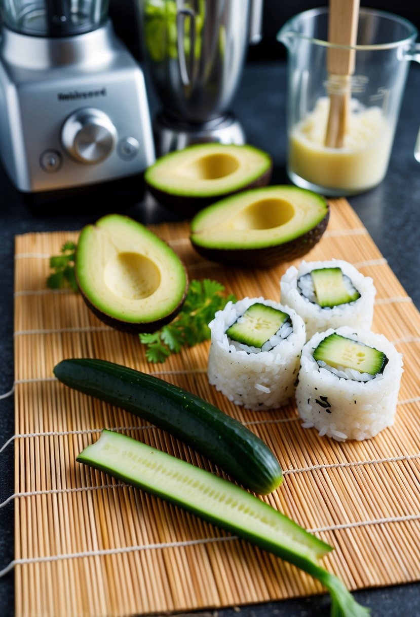 Fresh ingredients: avocado, cucumber, and sushi rice laid out on a bamboo sushi rolling mat. Blender and other kitchen tools nearby