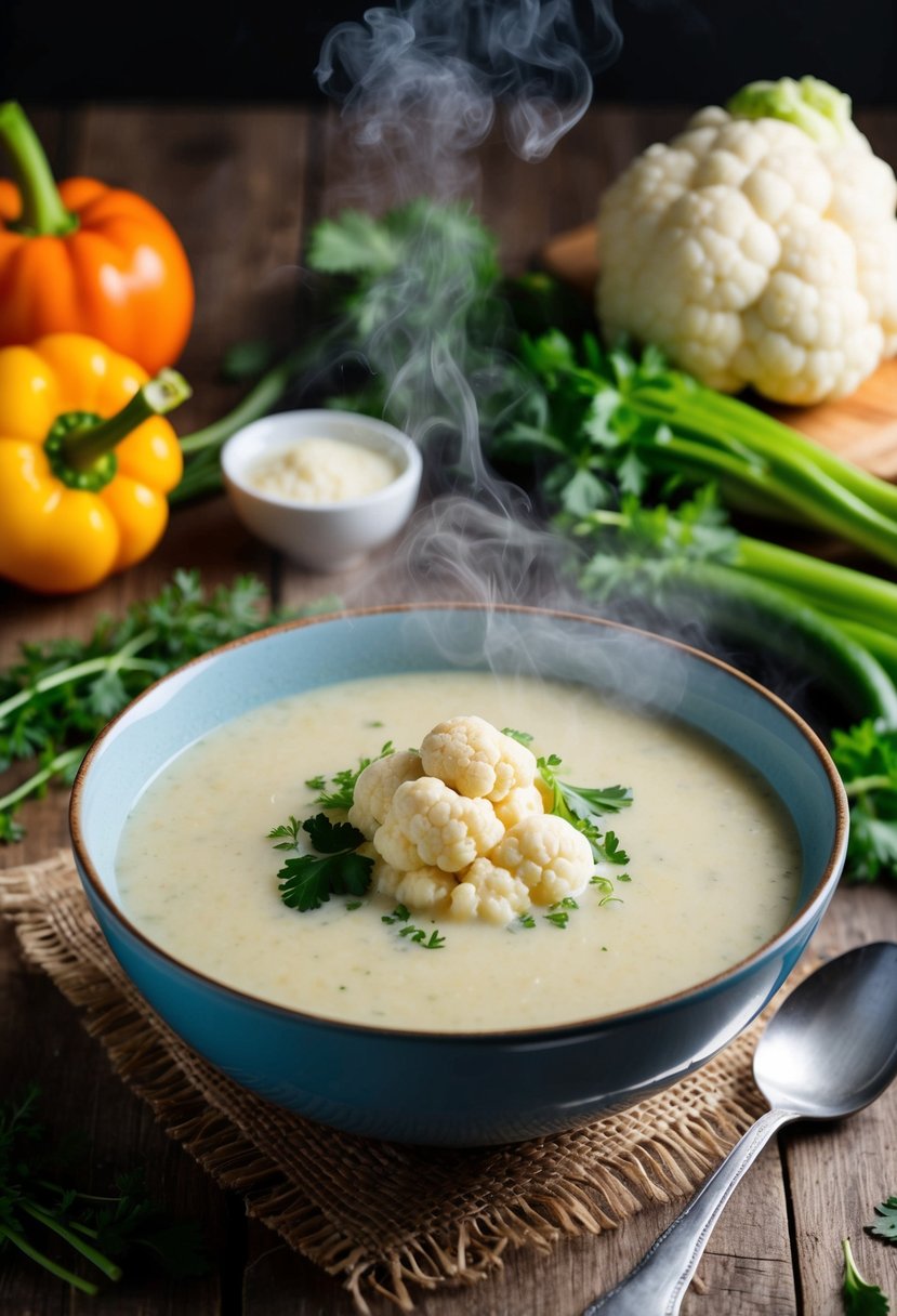 A steaming bowl of creamy cauliflower soup sits on a rustic wooden table, surrounded by fresh vegetables and herbs