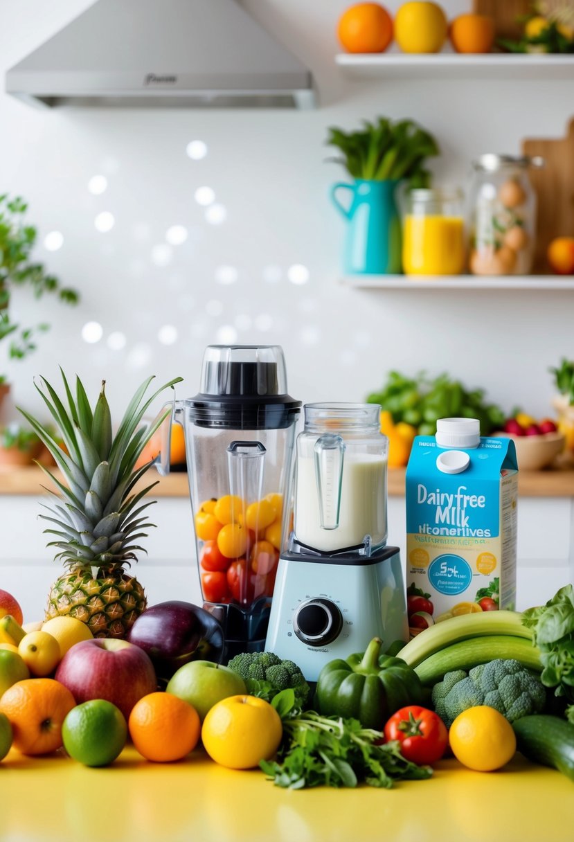 A colorful array of fresh fruits and vegetables, a blender, and a variety of dairy-free milk alternatives, all set against a bright and inviting kitchen backdrop