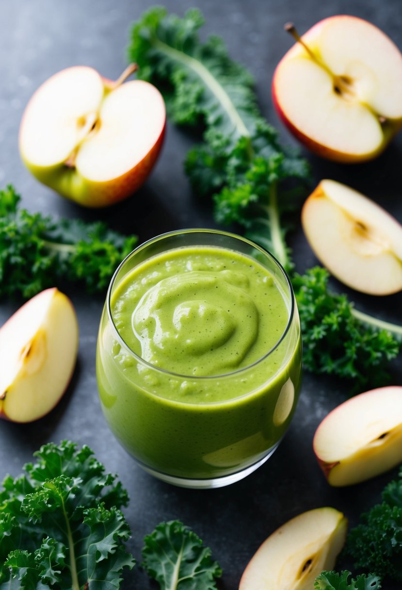 A glass filled with vibrant green kale and apple smoothie surrounded by fresh kale leaves and sliced apples