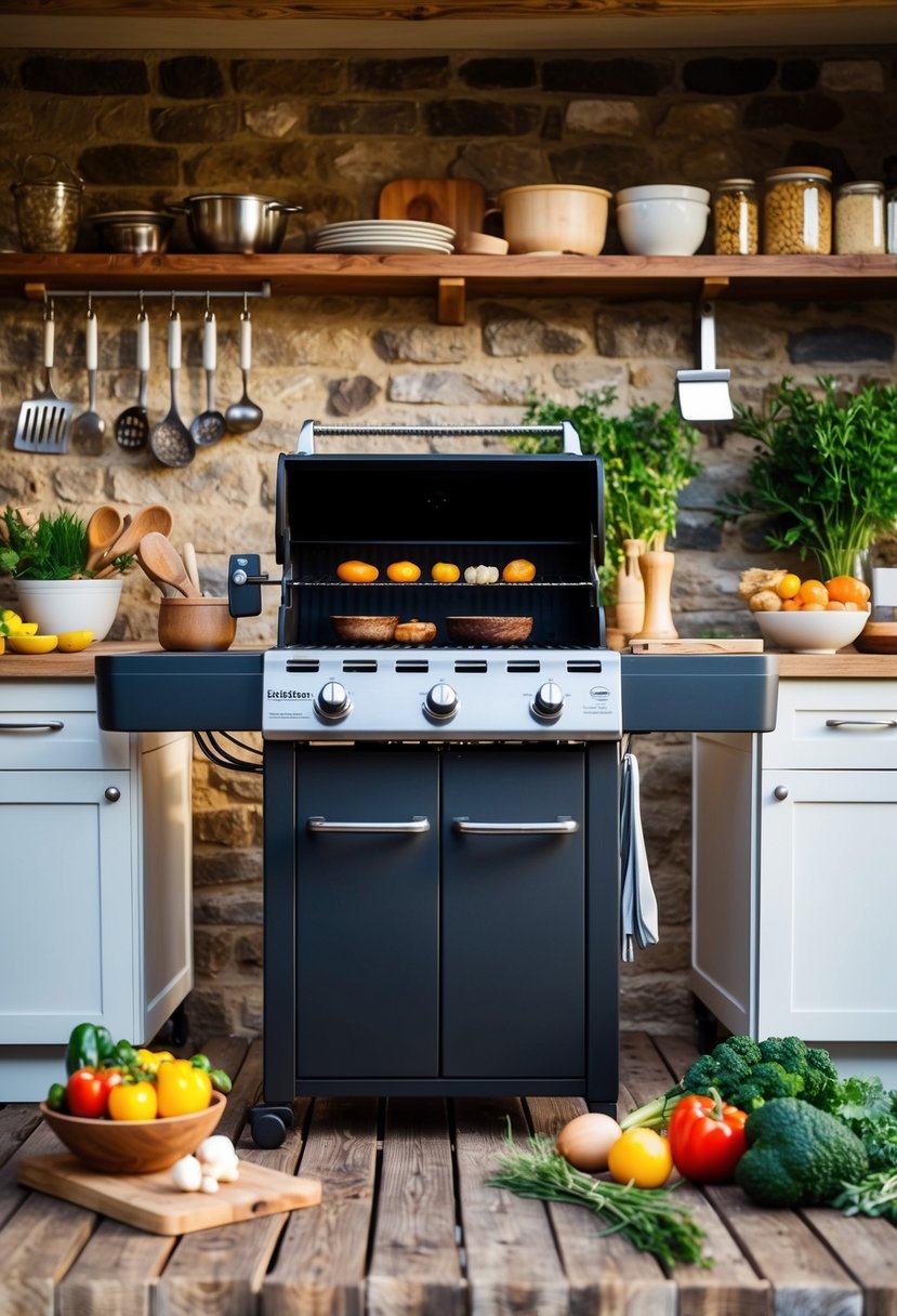 A rustic kitchen with a blackstone grill surrounded by fresh ingredients and cooking utensils