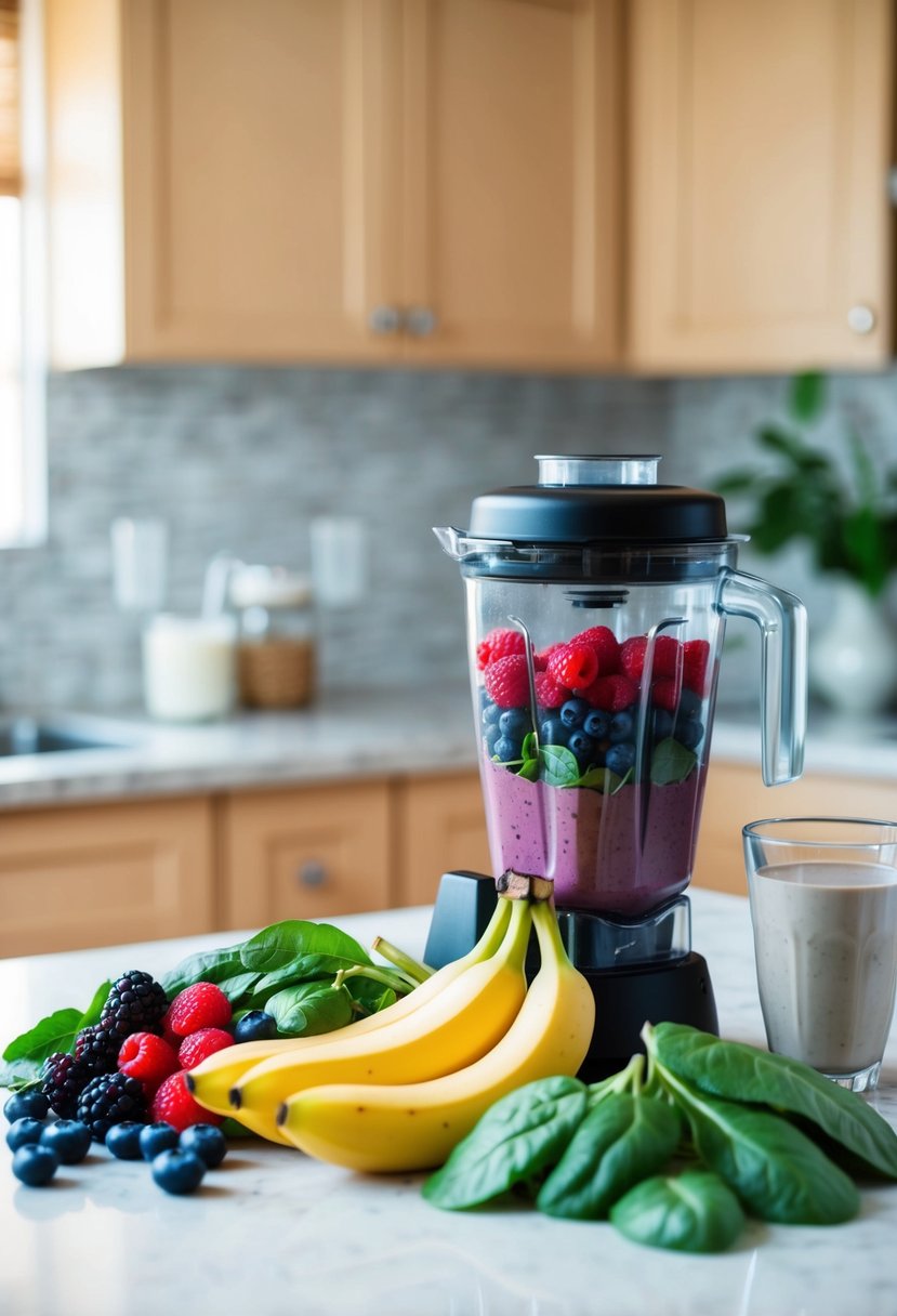 Acai berries, bananas, and spinach arranged next to a blender on a kitchen counter. Blueberries and almond milk in the background