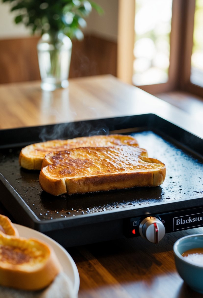 A sizzling blackstone griddle cooks golden cinnamon French toast