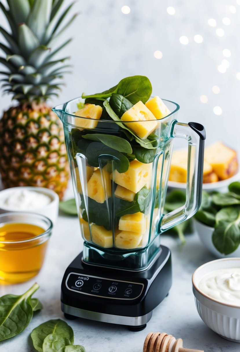 A blender filled with fresh spinach and pineapple chunks, surrounded by other ingredients like yogurt and honey