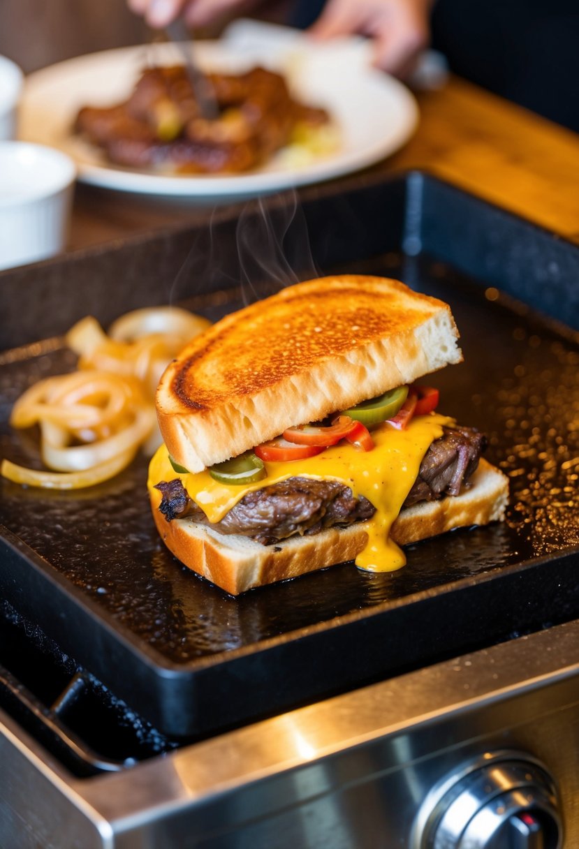 A sizzling Philly cheese steak sandwich cooks on a hot blackstone griddle, with onions and peppers caramelizing next to the juicy meat