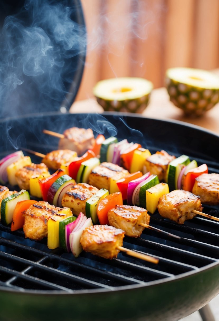 A sizzling grill cooks Hawaiian chicken skewers with colorful vegetables and pineapple, emitting a mouthwatering aroma