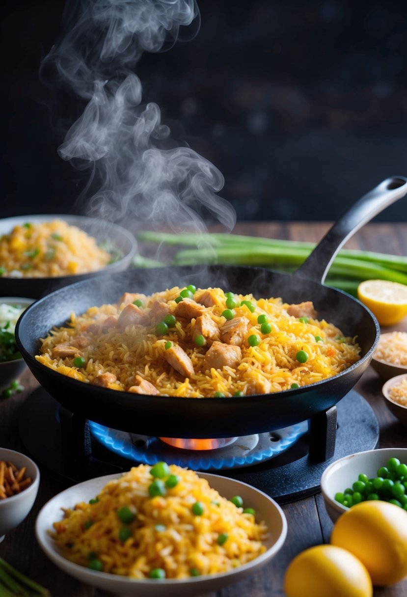 A sizzling blackstone griddle with chicken fried rice cooking, steam rising, surrounded by fresh ingredients