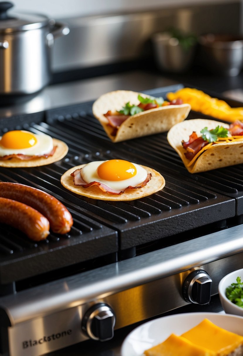 A sizzling blackstone griddle with classic breakfast taco ingredients: eggs, bacon, sausage, and cheese, ready to be assembled into delicious tacos