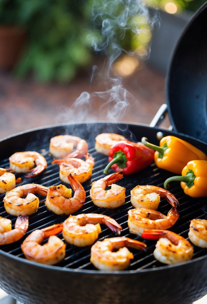 A sizzling blackstone grill with seasoned shrimp and colorful peppers cooking, emitting a mouthwatering aroma