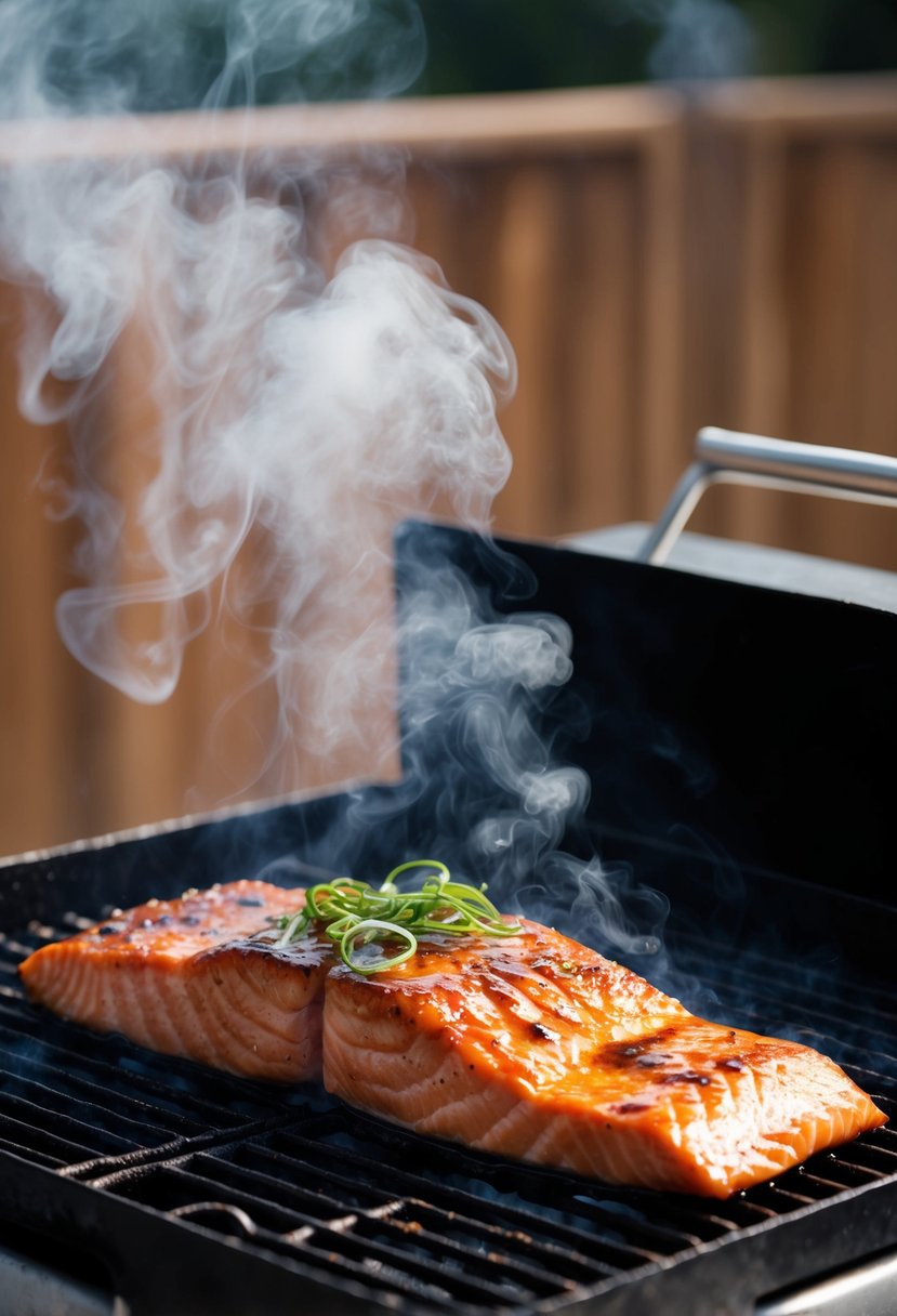 A sizzling salmon fillet cooks on a hot grill, glazed with glistening teriyaki sauce and surrounded by a cloud of aromatic steam