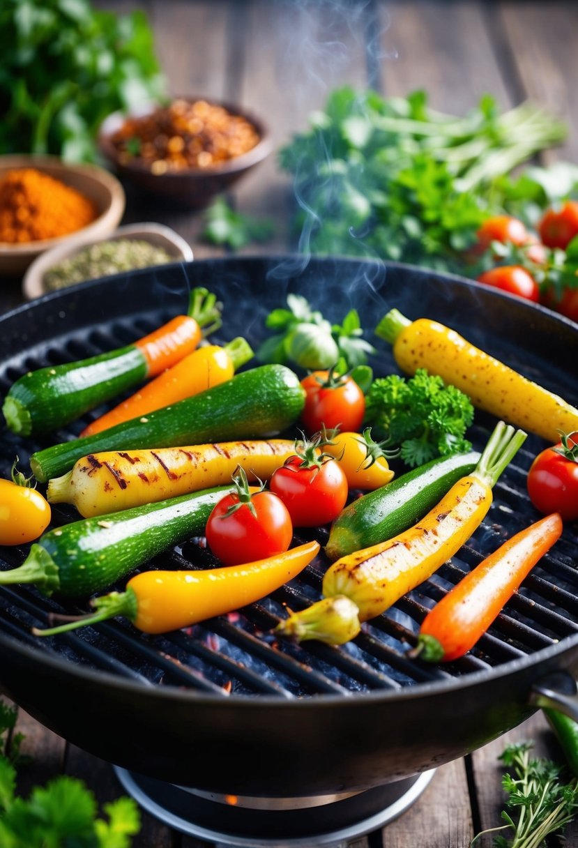 Assorted vegetables sizzling on a hot blackstone grill, surrounded by vibrant herbs and spices