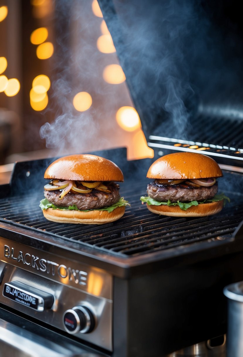 A sizzling blackstone grill with two juicy smash burgers cooking, surrounded by the aroma of searing beef and caramelizing onions