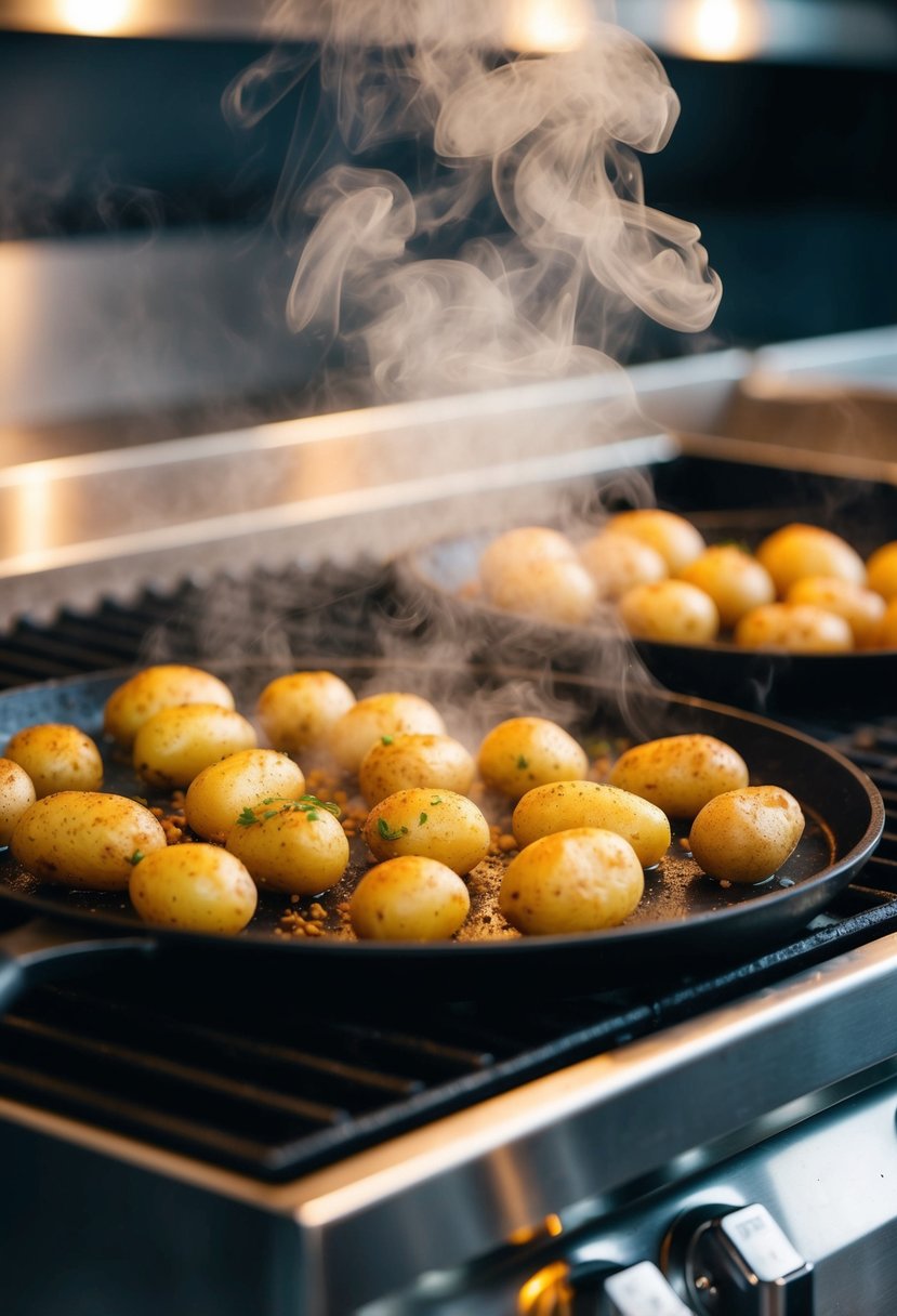 Golden brown potatoes sizzling on a hot griddle, steam rising, with a sprinkle of herbs and spices