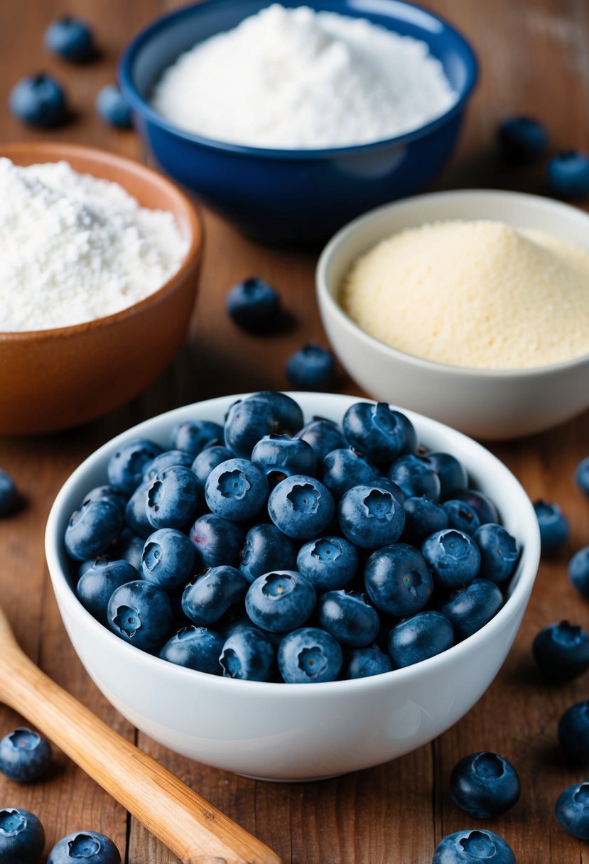 A bowl of fresh blueberries surrounded by ingredients like flour, sugar, and a mixing bowl on a wooden table