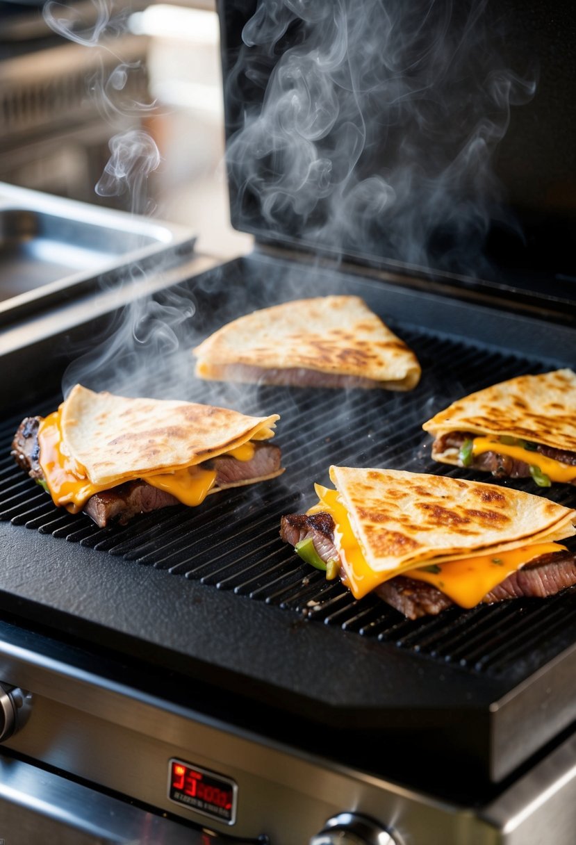 A sizzling blackstone griddle with steak and cheese quesadillas cooking, steam rising, golden brown and crispy