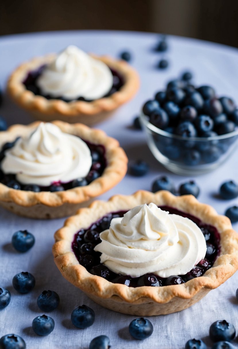 A table set with freshly baked blueberry cream cheese pies and scattered blueberries