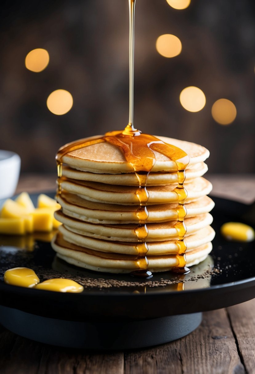 A stack of golden pancakes drizzled with syrup on a sizzling blackstone griddle