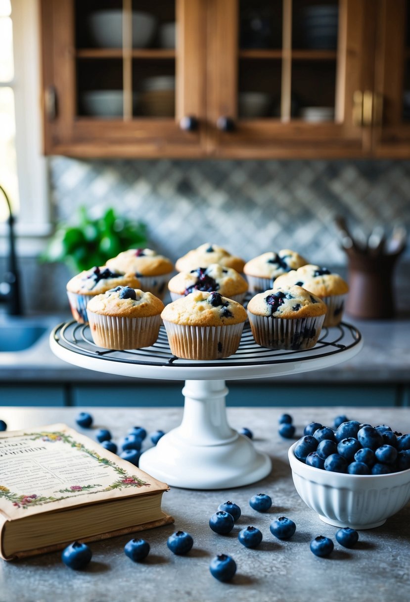 A rustic kitchen counter with a cooling rack of classic blueberry muffins surrounded by fresh blueberries and a vintage recipe book