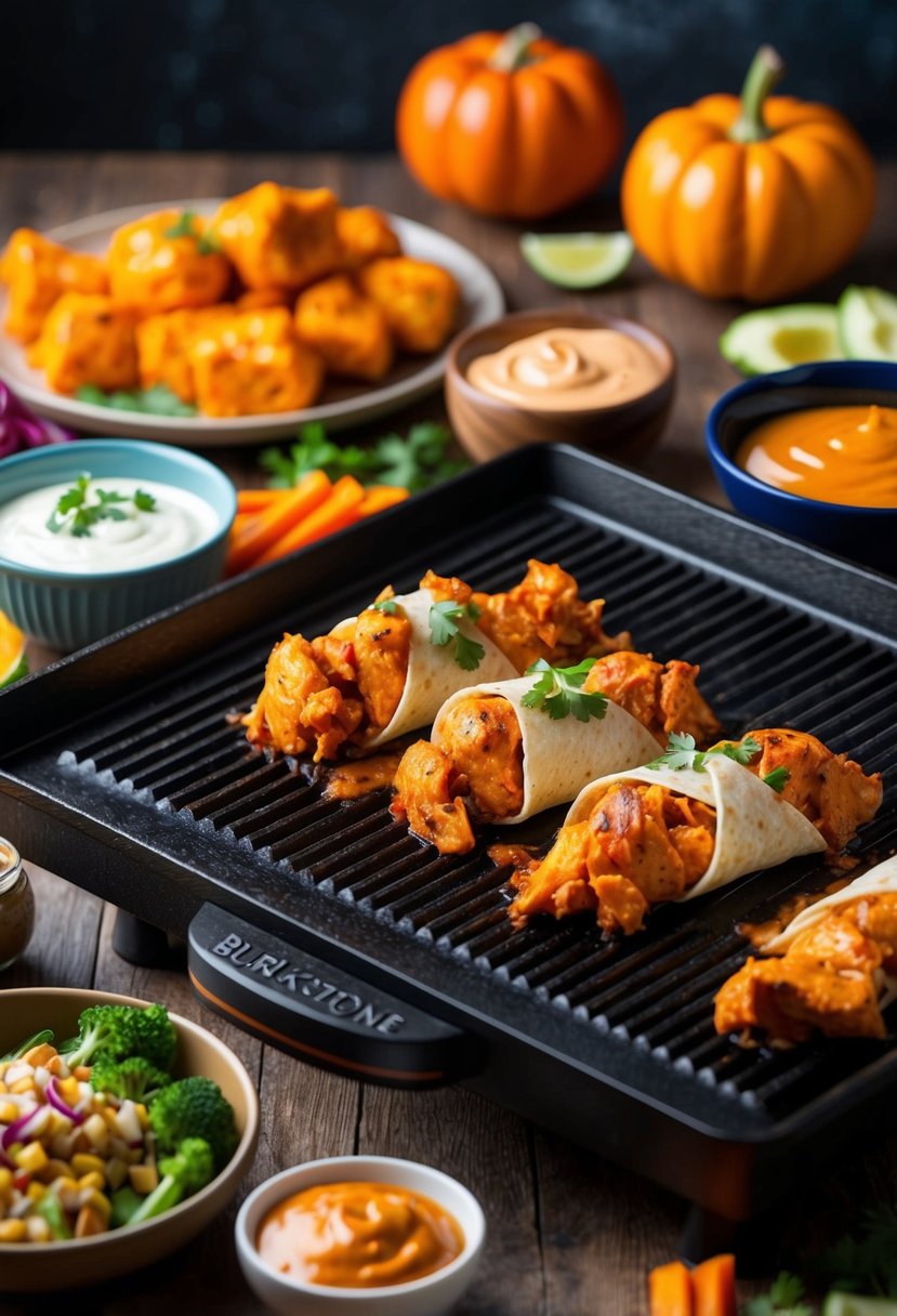 A sizzling blackstone griddle with sizzling buffalo chicken wraps, surrounded by colorful ingredients and condiments