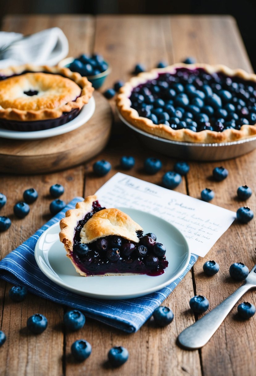 A rustic kitchen table with a freshly baked blueberry pie, surrounded by scattered blueberries and a handwritten recipe card