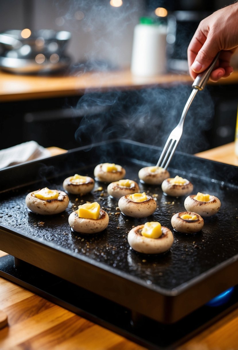 A sizzling blackstone griddle cooks garlic butter mushrooms, emitting a savory aroma