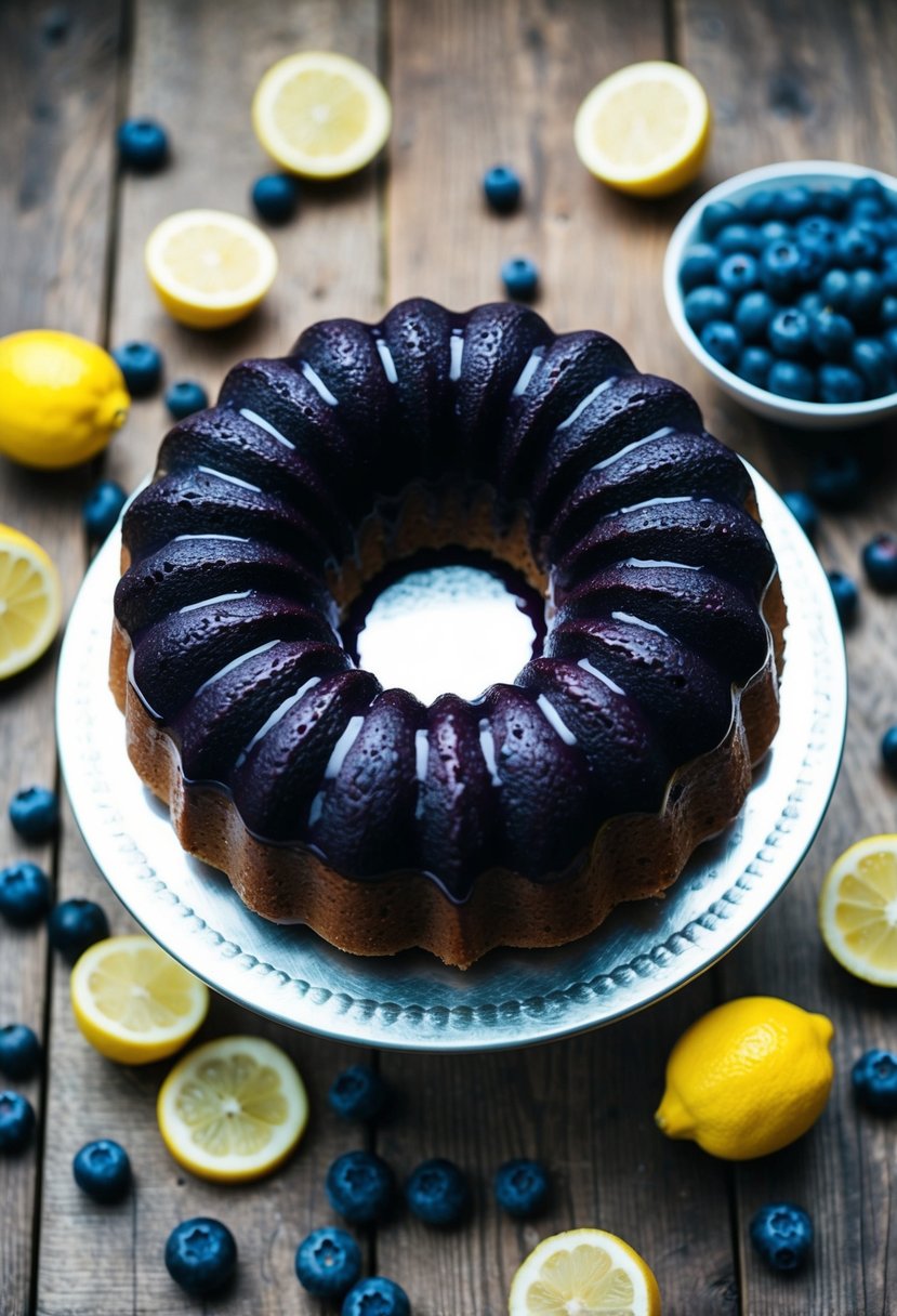 A blueberry lemon bundt cake surrounded by fresh blueberries and lemon slices on a rustic wooden table