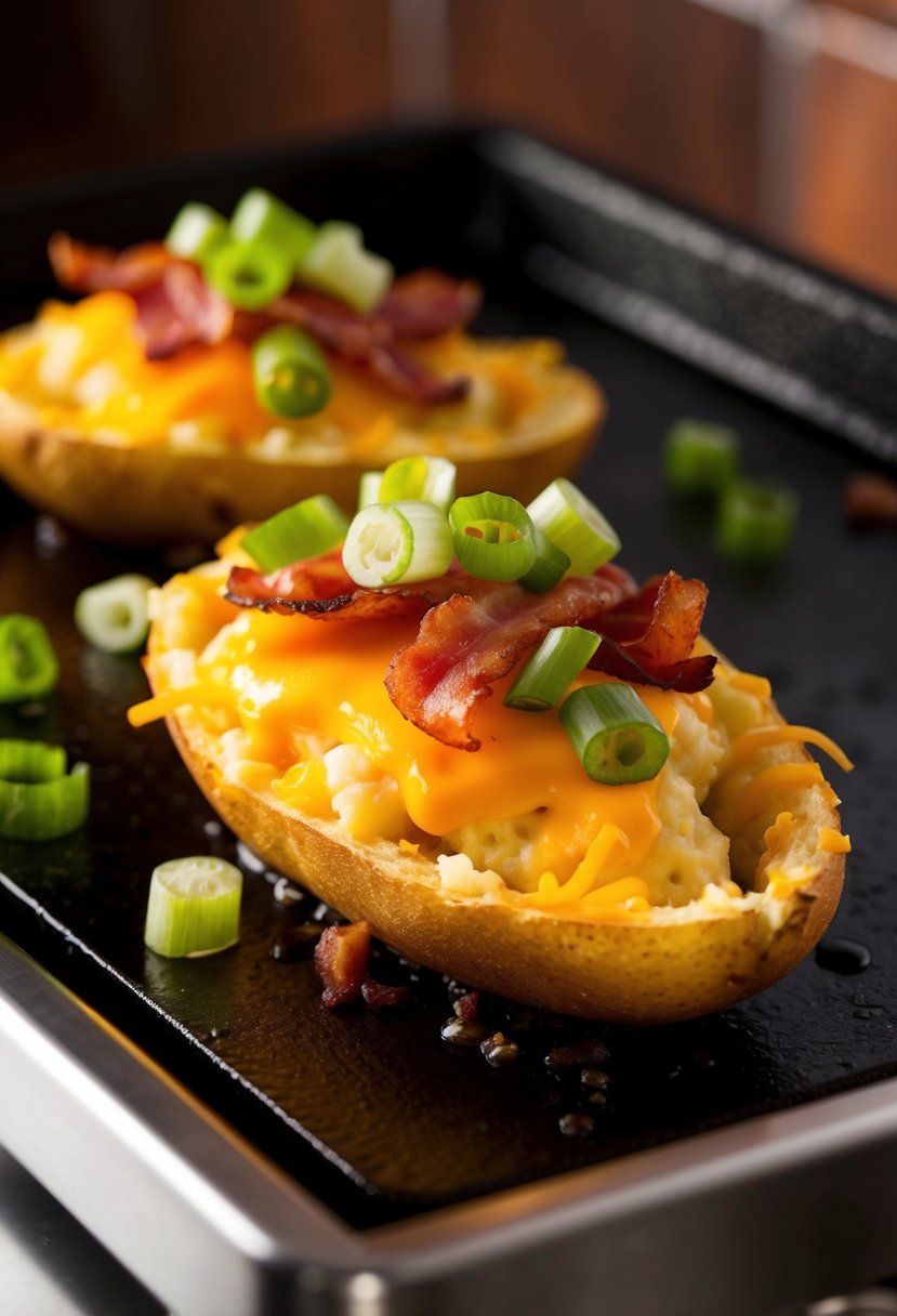 Golden potato skins piled high with cheese, bacon, and green onions, sizzling on a hot griddle