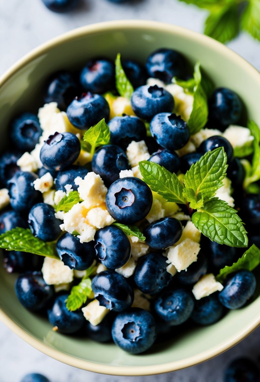 A colorful bowl of fresh blueberries, crumbled feta cheese, and vibrant green mint leaves, all tossed together in a light, summery salad