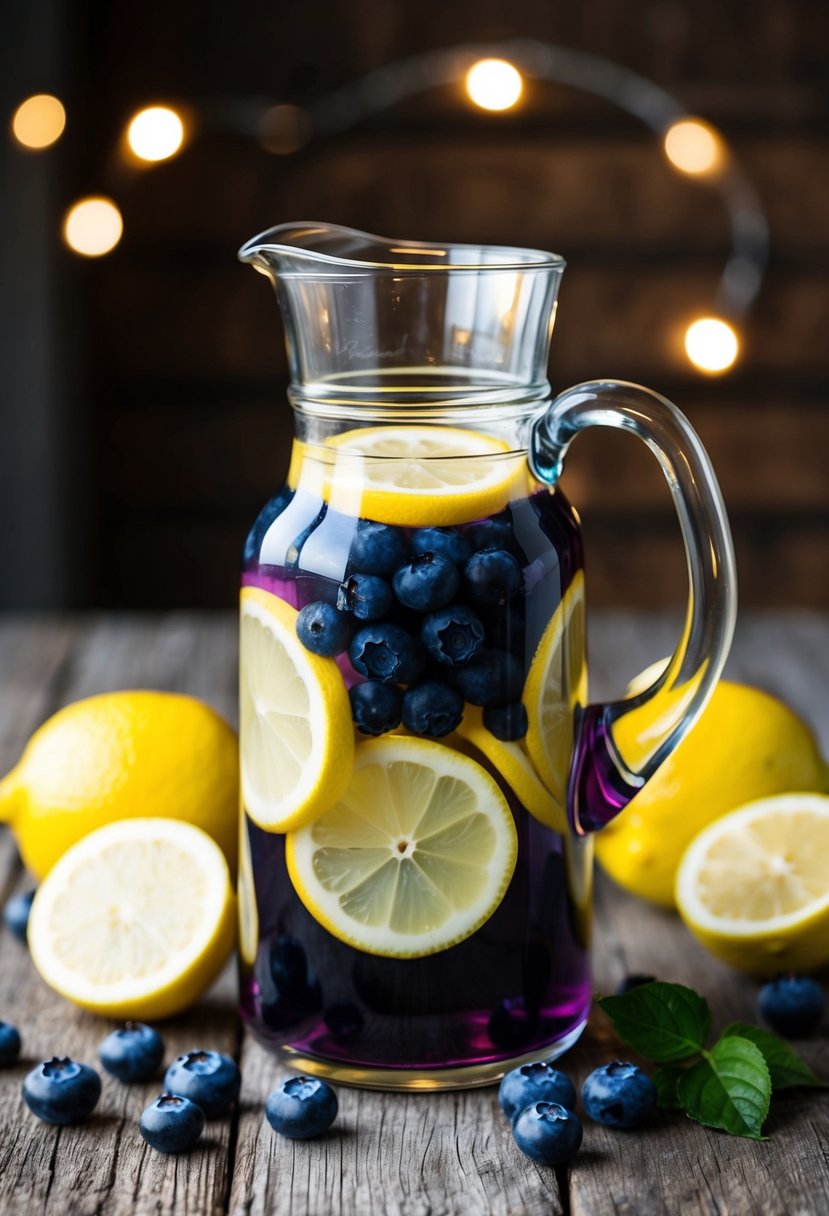 A glass pitcher filled with blueberry-infused lemonade surrounded by fresh blueberries and lemon slices on a wooden table