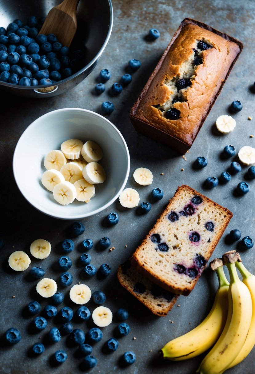 A rustic kitchen counter with scattered blueberries and bananas, a mixing bowl, and a loaf of freshly baked blueberry and banana quick bread