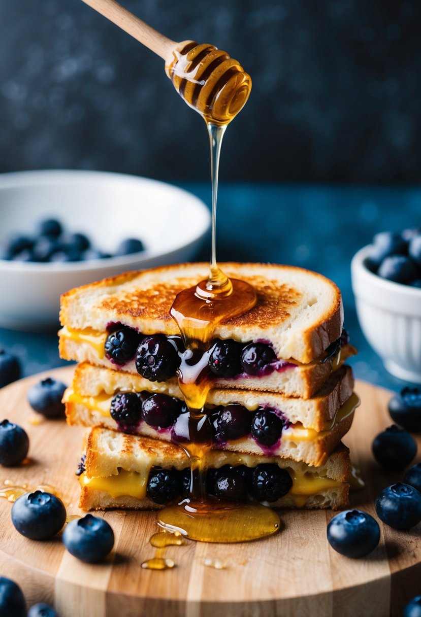 A golden grilled cheese sandwich oozing with caramelized blueberries, surrounded by fresh blueberries and a drizzle of honey