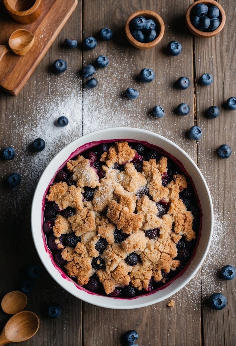 A rustic kitchen table with a freshly baked triple berry crisp surrounded by scattered blueberries and a sprinkle of powdered sugar