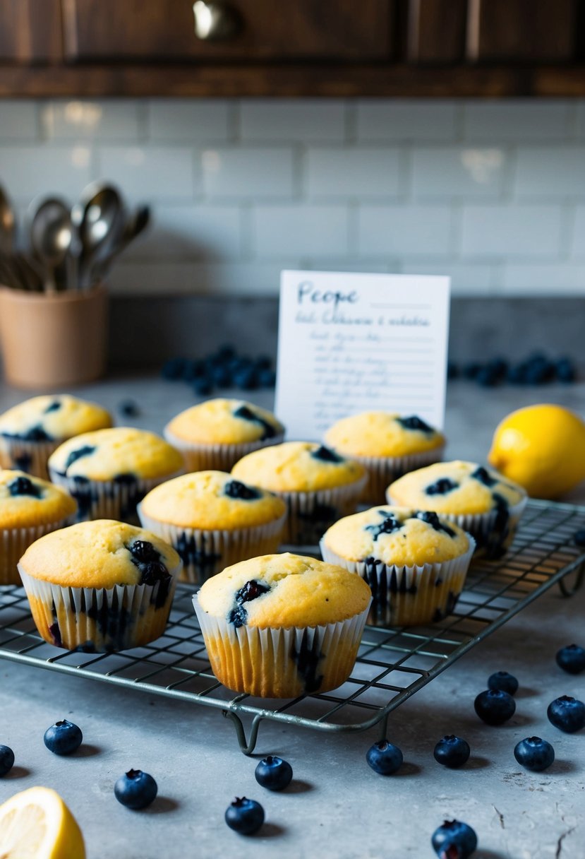 A rustic kitchen counter with a fresh batch of lemon blueberry muffins cooling on a wire rack, surrounded by scattered blueberries and a handwritten recipe card