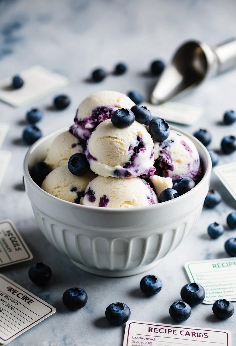 A large bowl of creamy blueberry-swirl buttermilk ice cream with fresh blueberries scattered on top, surrounded by scattered recipe cards