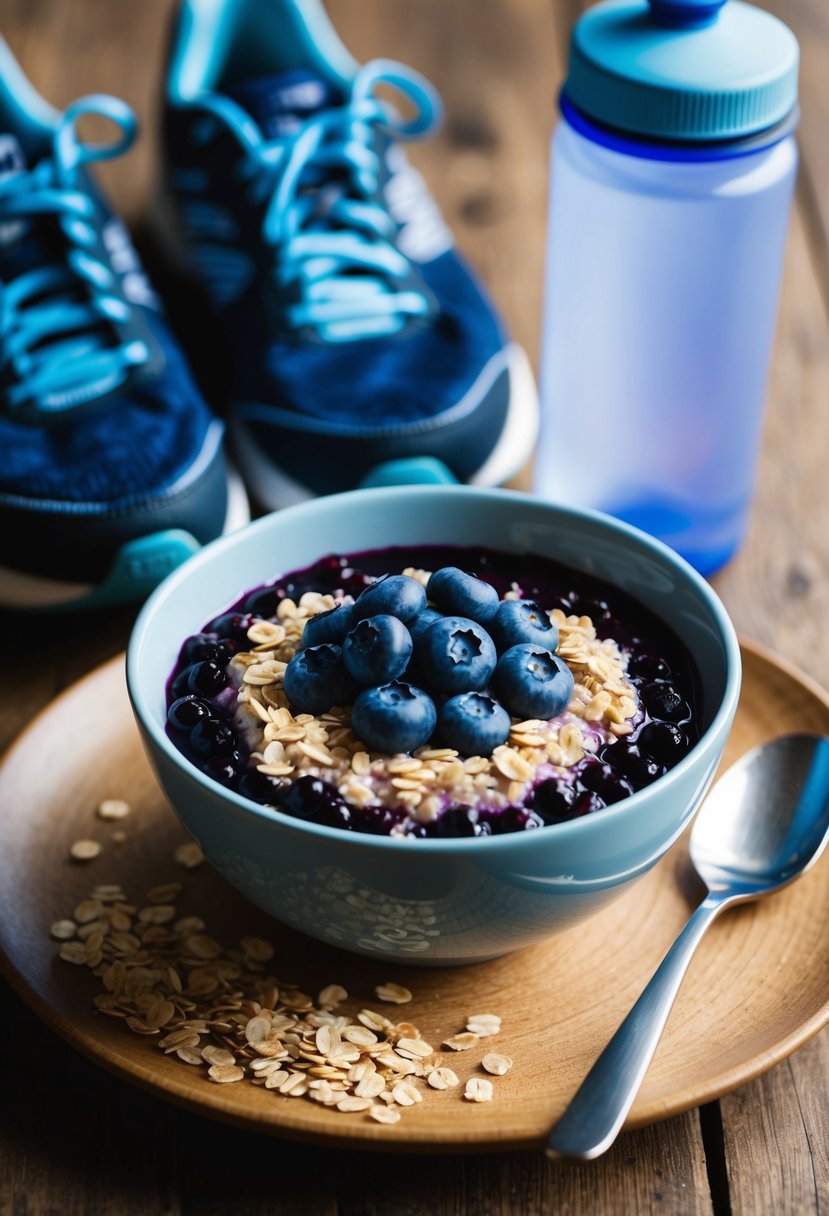 A bowl of blueberry oatmeal topped with fresh blueberries and a sprinkle of oats, next to a pair of running shoes and a water bottle