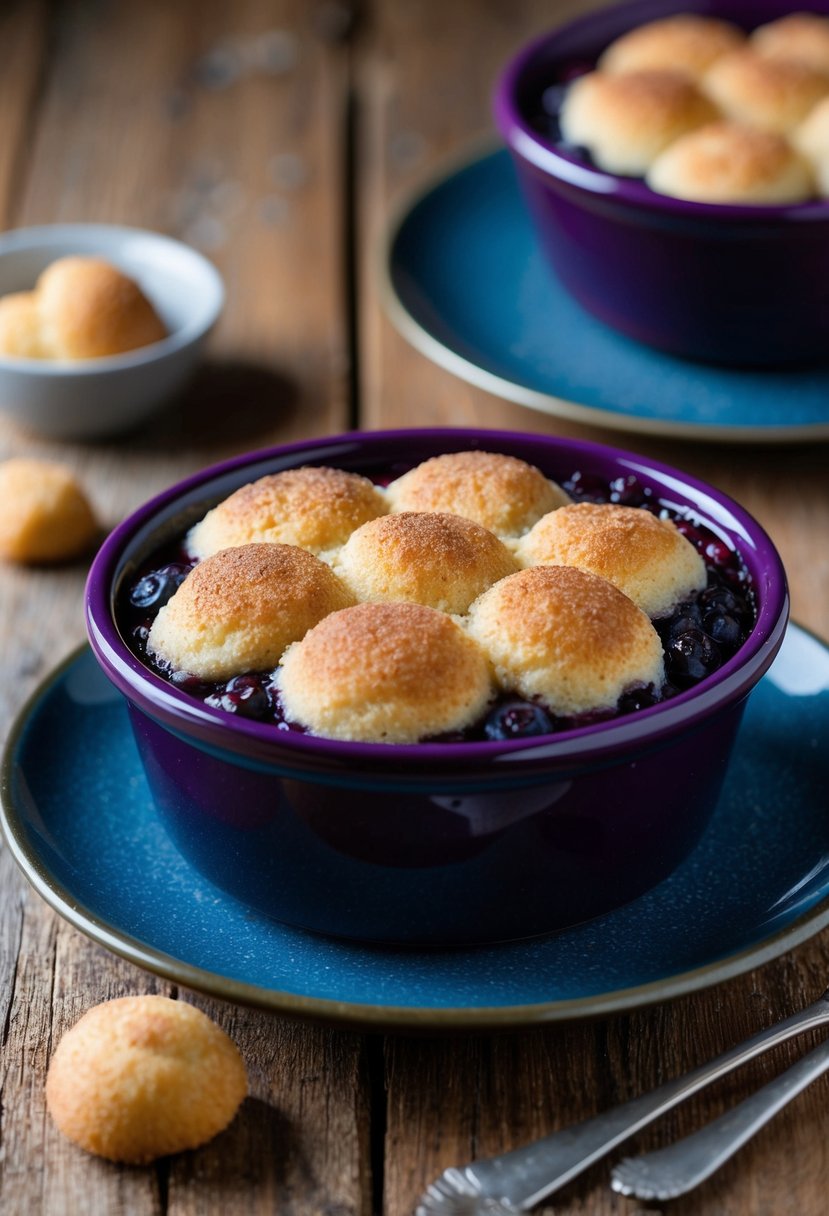 A bubbling blueberry cobbler with a golden brown snickerdoodle topping, sitting on a rustic wooden table