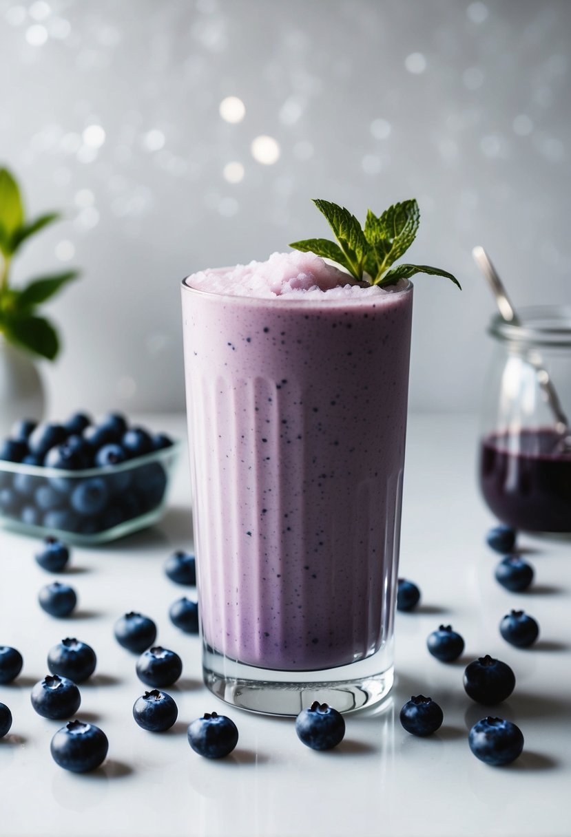 A glass filled with a frozen blueberry smoothie surrounded by scattered blueberries and a sprig of mint on a white countertop