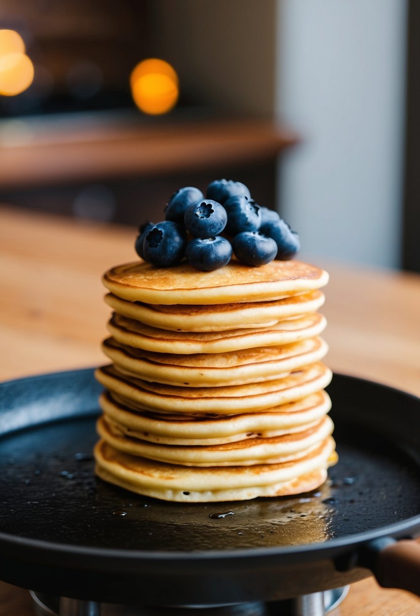 A stack of golden pancakes topped with fresh blueberries sizzling on a hot blackstone griddle