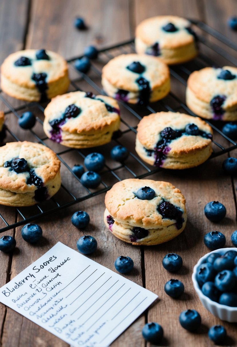 A rustic kitchen table with freshly baked blueberry scones, scattered blueberries, and a handwritten recipe card