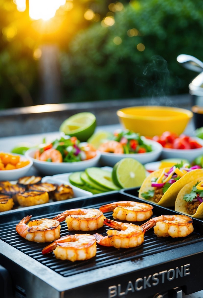 A blackstone griddle sizzling with juicy grilled shrimp and colorful taco ingredients ready to be assembled