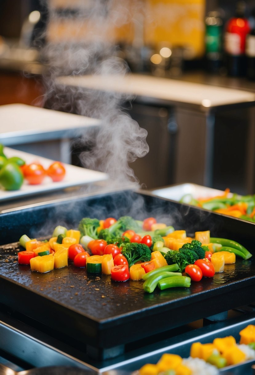 A sizzling blackstone griddle with colorful vegetables and steam rising