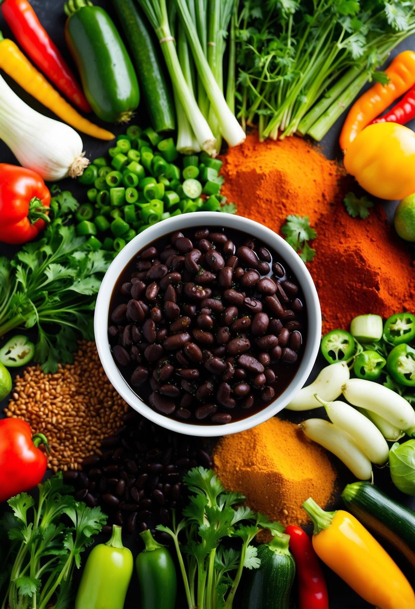 A colorful assortment of fresh vegetables and spices arranged around a bowl of cooked black beans, ready to be transformed into a delicious recipe