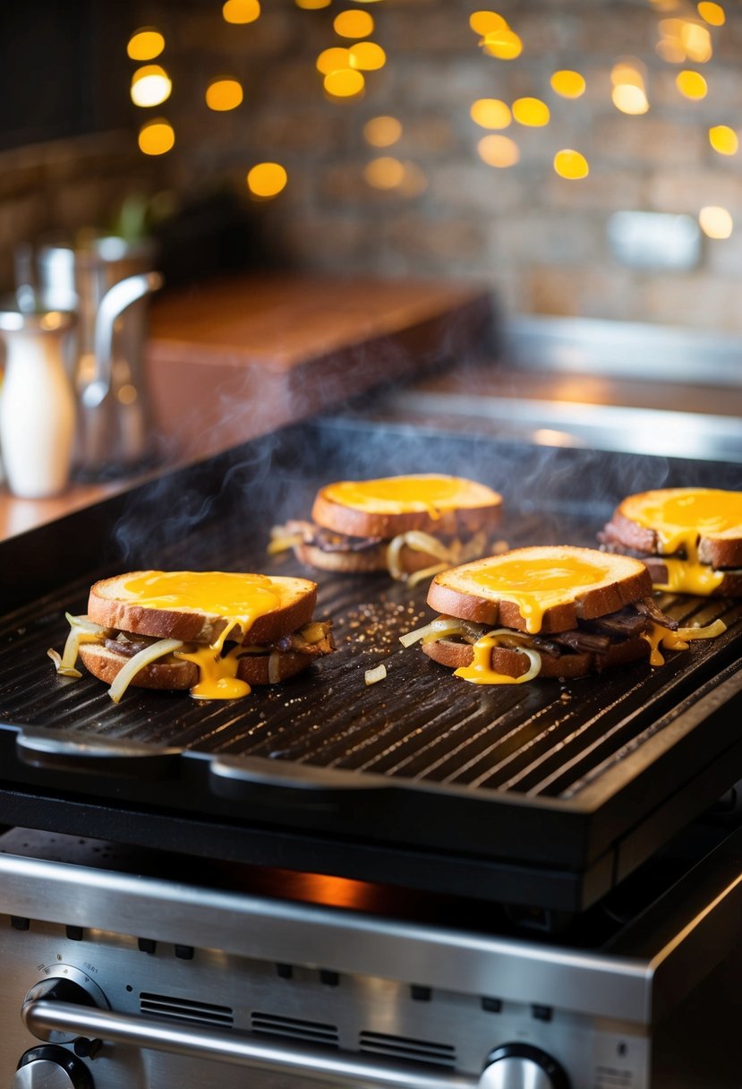 A sizzling blackstone griddle cooks up juicy cheesesteak sandwiches with caramelized onions and melted cheese