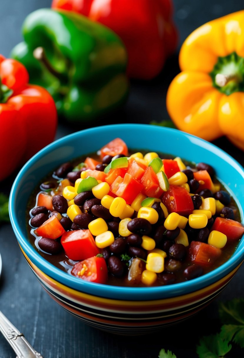 A vibrant bowl of black bean and corn salsa with diced tomatoes and colorful peppers