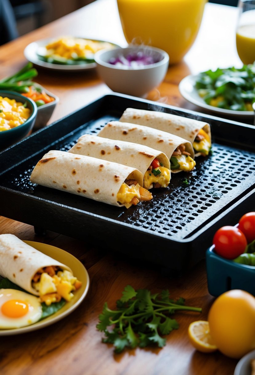 A sizzling blackstone griddle with breakfast burritos cooking, surrounded by fresh ingredients like eggs, cheese, and vegetables