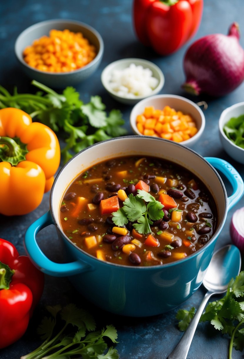 A steaming pot of spicy black bean soup surrounded by colorful ingredients like bell peppers, onions, and cilantro