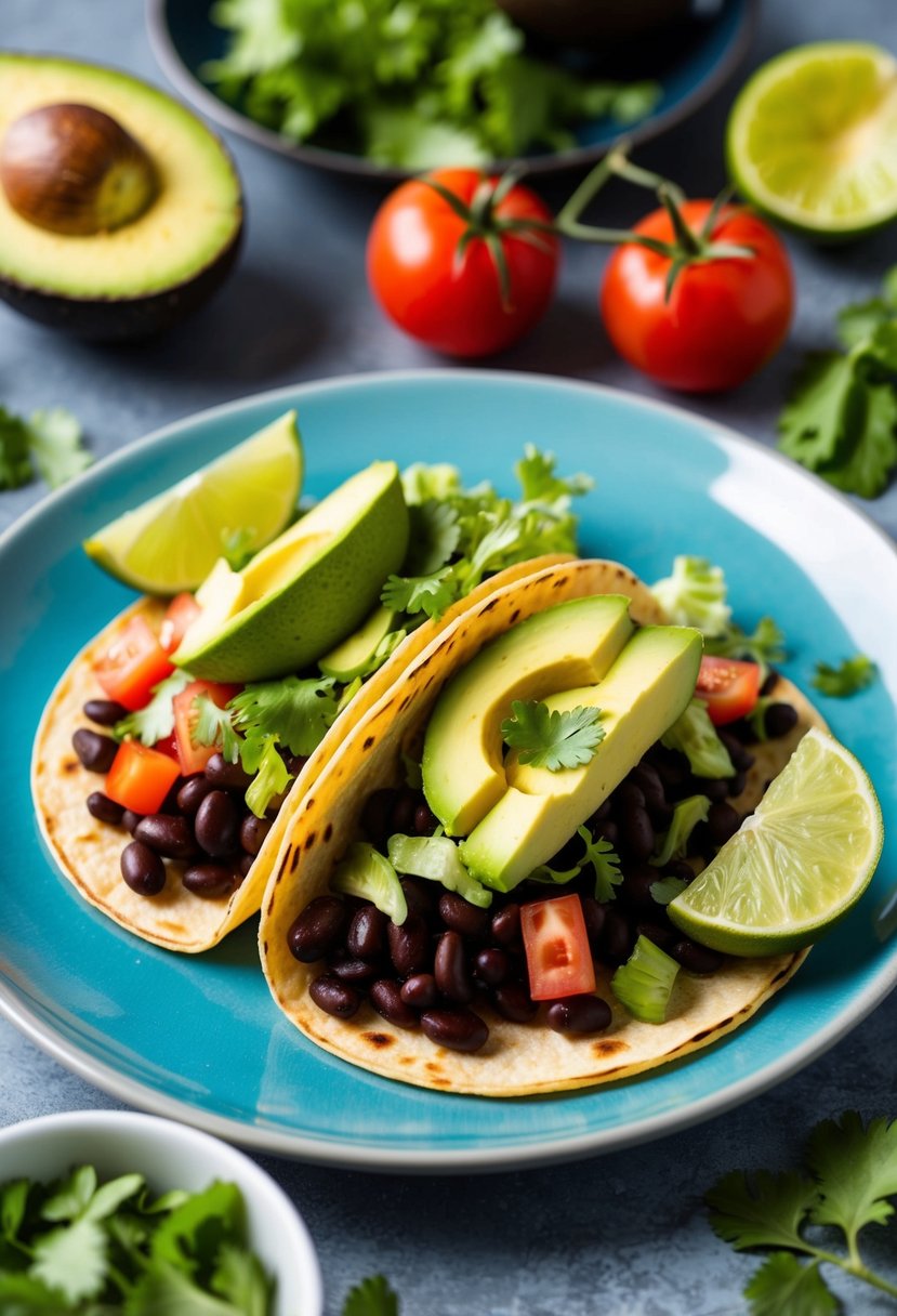 A colorful plate of black bean tacos topped with fresh ingredients like avocado, tomatoes, lettuce, and cilantro