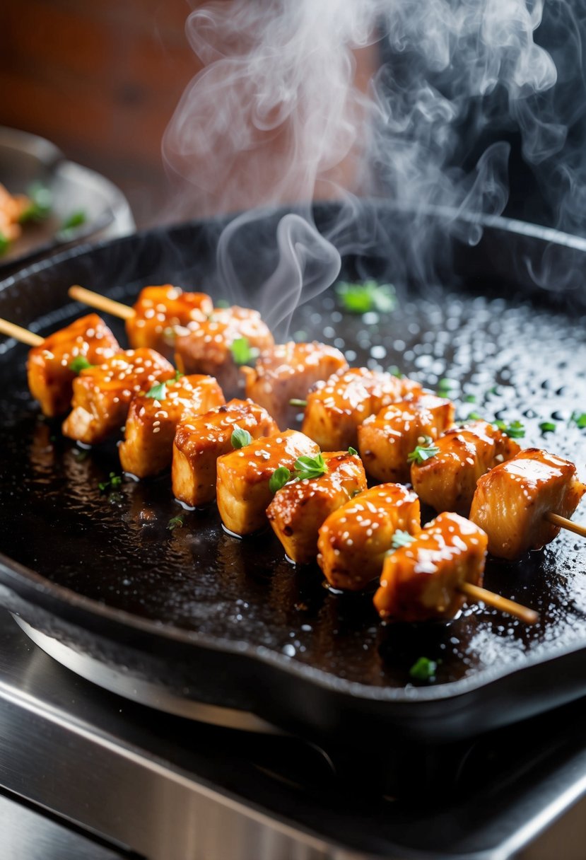 Teriyaki chicken skewers sizzling on a hot blackstone griddle, surrounded by steam and the aroma of savory marinade