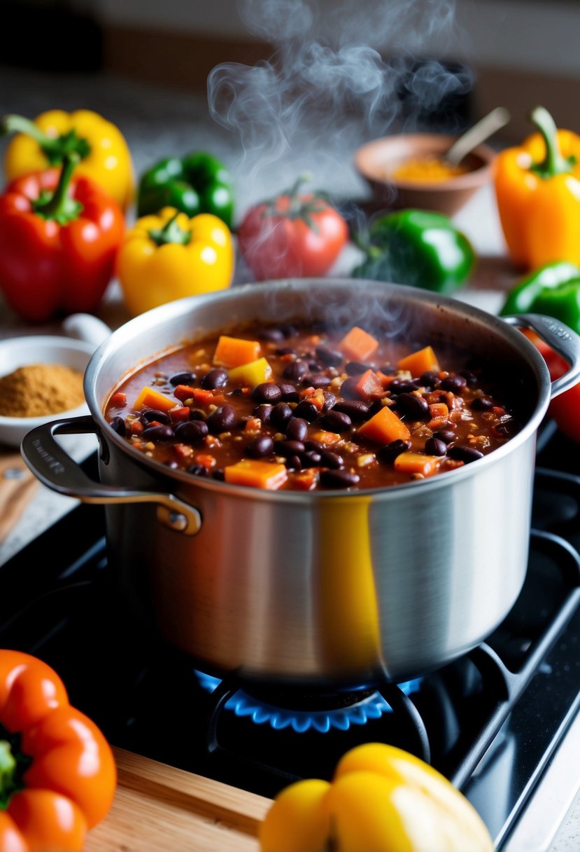 A steaming pot of vegetarian black bean chili simmering on a stovetop, surrounded by colorful bell peppers, tomatoes, and aromatic spices